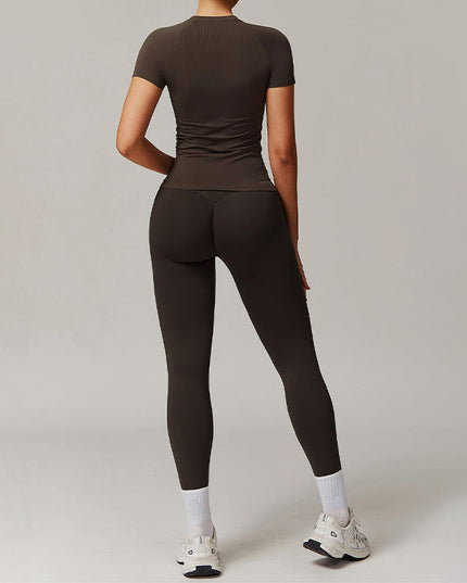 THREADED SEAMLESS SHORT SLEEVE TOP+ BRA+TIGHT LEGGINGS 3 PIECES SET