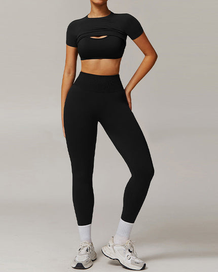 THREADED SEAMLESS SHORT SLEEVE TOP+ BRA+TIGHT LEGGINGS 3 PIECES SET