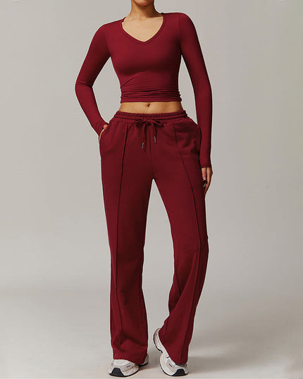 HIGH RESILIENCE LONG SLEEVE V NECK TOP+ CASUAL STRAIGHT LEG SWEATPANTS