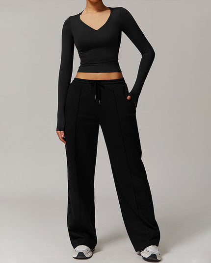 HIGH RESILIENCE LONG SLEEVE V NECK TOP+ CASUAL STRAIGHT LEG SWEATPANTS