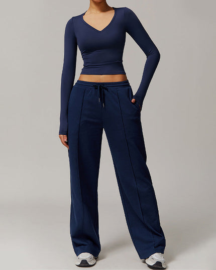 HIGH RESILIENCE LONG SLEEVE V NECK TOP+ CASUAL STRAIGHT LEG SWEATPANTS