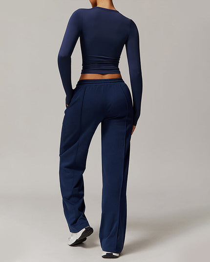 HIGH RESILIENCE LONG SLEEVE V NECK TOP+ CASUAL STRAIGHT LEG SWEATPANTS