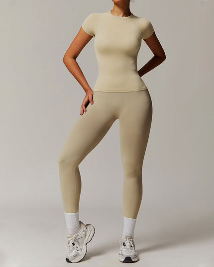 THREADED SEAMLESS SHORT SLEEVE TOP+ TIGHT LEGGINGS 2 PIECES SET