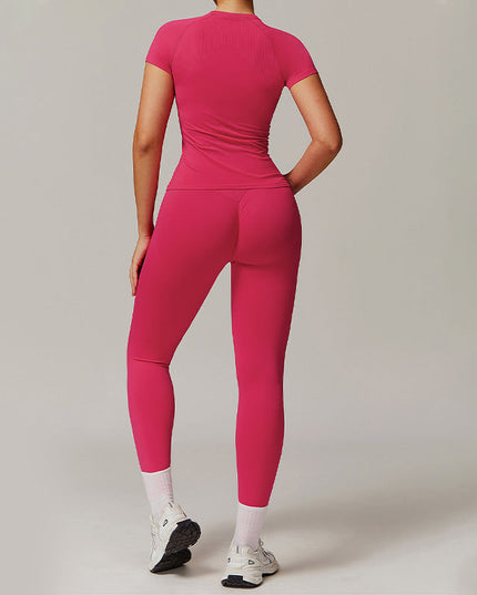 THREADED SEAMLESS SHORT SLEEVE TOP+ TIGHT LEGGINGS 2 PIECES SET