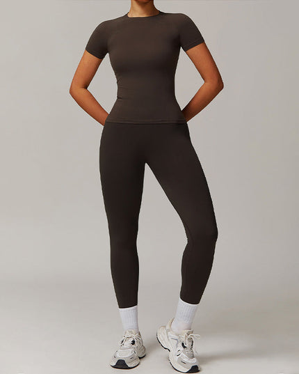 THREADED SEAMLESS SHORT SLEEVE TOP+ TIGHT LEGGINGS 2 PIECES SET