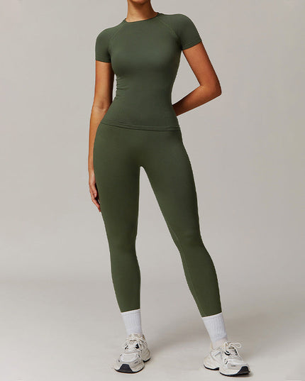 THREADED SEAMLESS SHORT SLEEVE TOP+ TIGHT LEGGINGS 2 PIECES SET