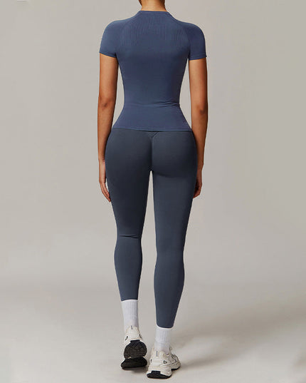 THREADED SEAMLESS SHORT SLEEVE TOP+ TIGHT LEGGINGS 2 PIECES SET