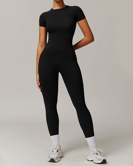 THREADED SEAMLESS SHORT SLEEVE TOP+ TIGHT LEGGINGS 2 PIECES SET