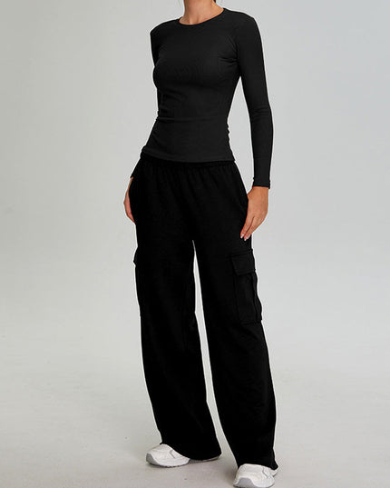 LONG SLEEVE SPORTS TOP + STRAIGHT LEG CARGO PANTS 2-PIECE SET