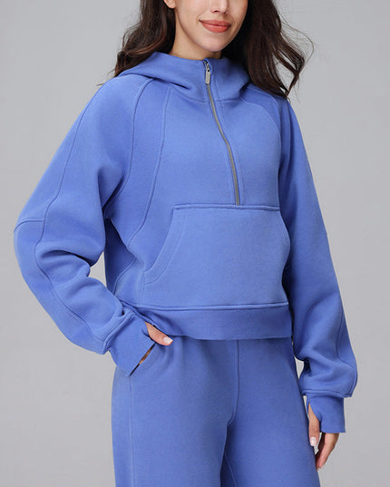 VELVET WARM HOODED HALF ZIP LOOSE SPORTS SWEATSHIRT