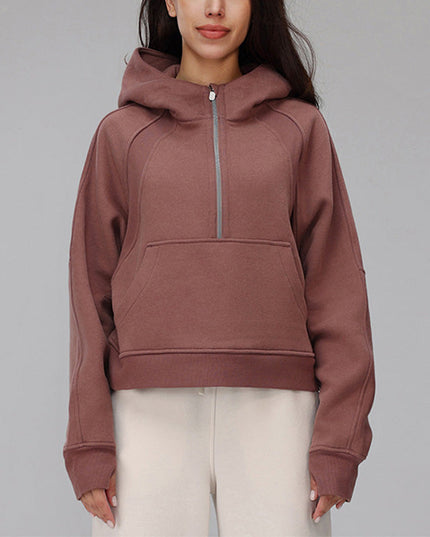 VELVET WARM HOODED HALF ZIP LOOSE SPORTS SWEATSHIRT