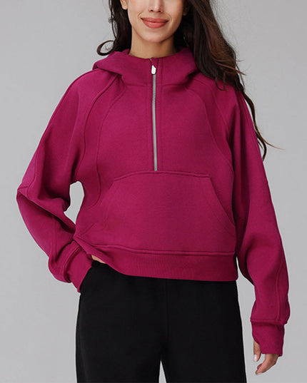 VELVET WARM HOODED HALF ZIP LOOSE SPORTS SWEATSHIRT