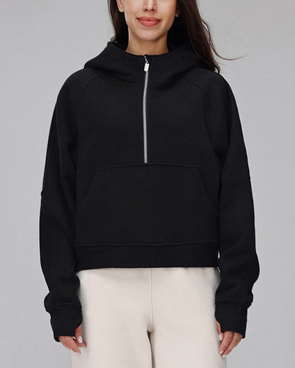 VELVET WARM HOODED HALF ZIP LOOSE SPORTS SWEATSHIRT