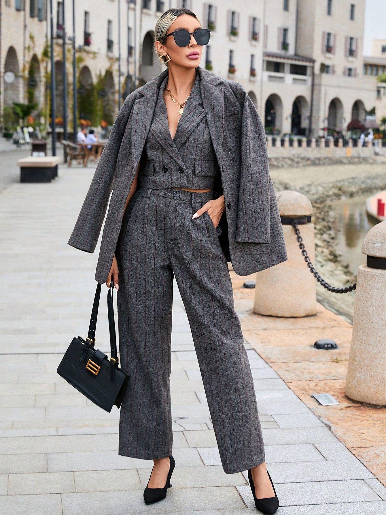 Lapel Neck Blazer & Waistcoat & Wide Leg Pants