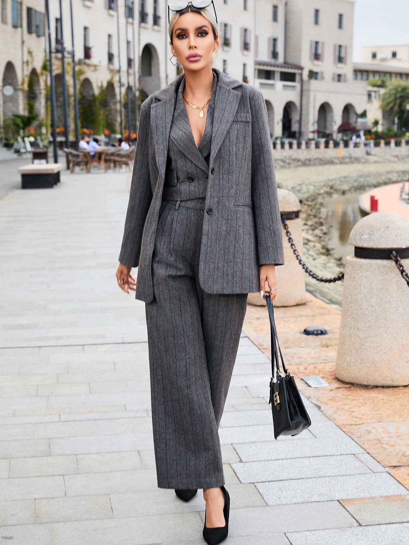 Lapel Neck Blazer & Waistcoat & Wide Leg Pants