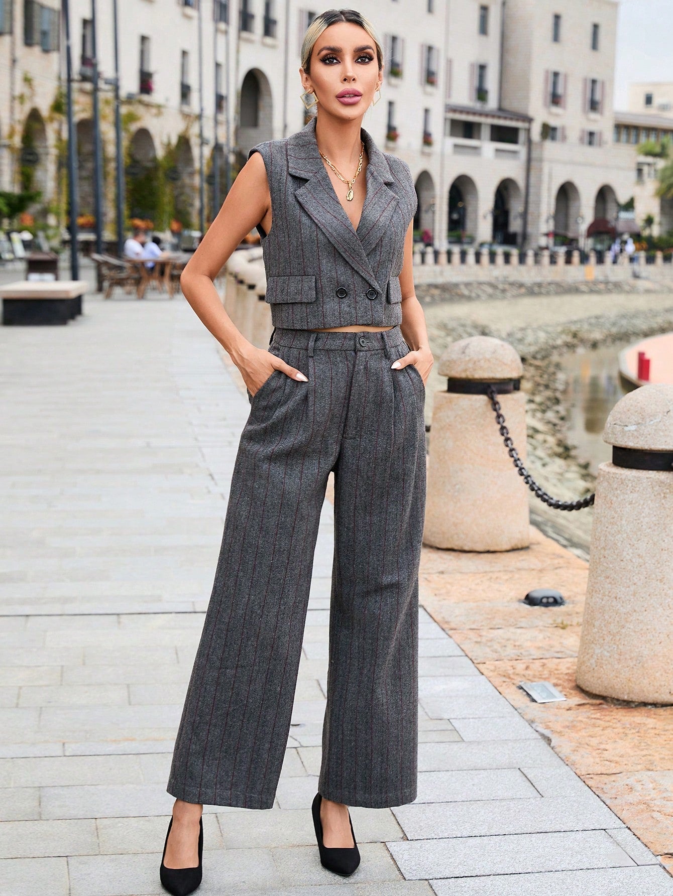 Lapel Neck Blazer & Waistcoat & Wide Leg Pants