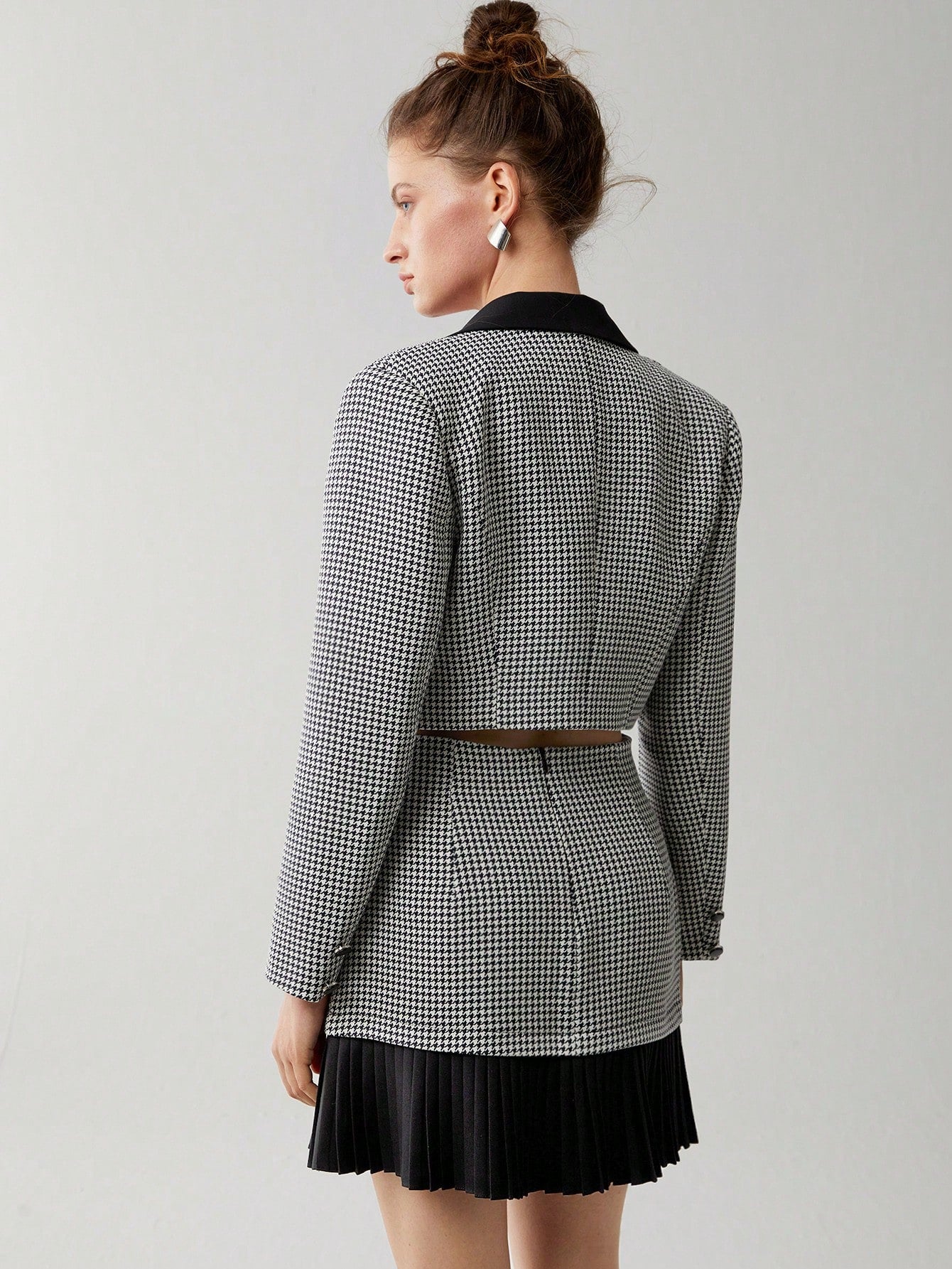 Houndstooth Double Breasted Crop Blazer & Pleated Hem Skirt