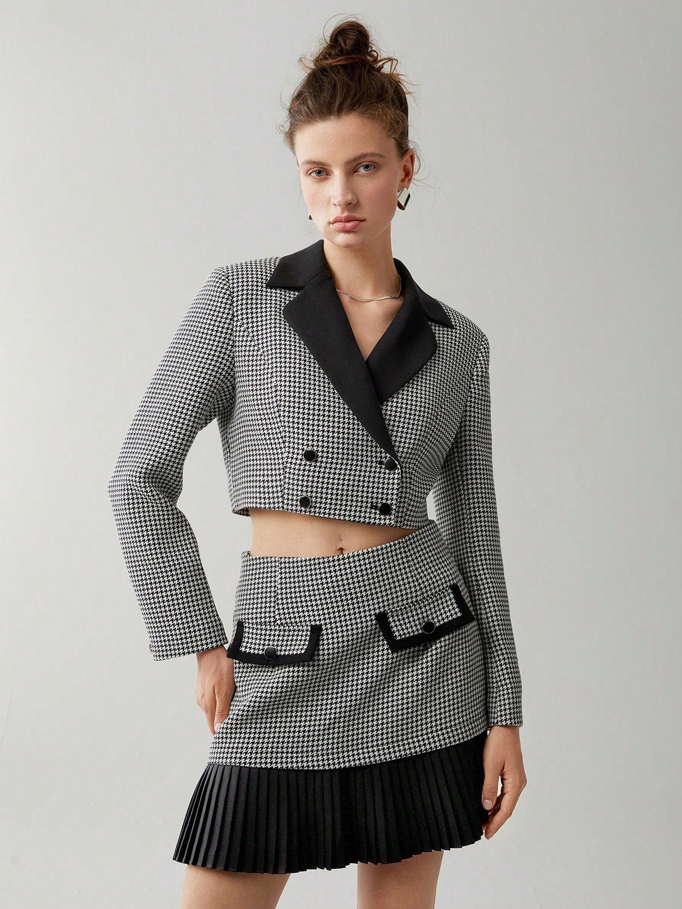 Houndstooth Double Breasted Crop Blazer & Pleated Hem Skirt