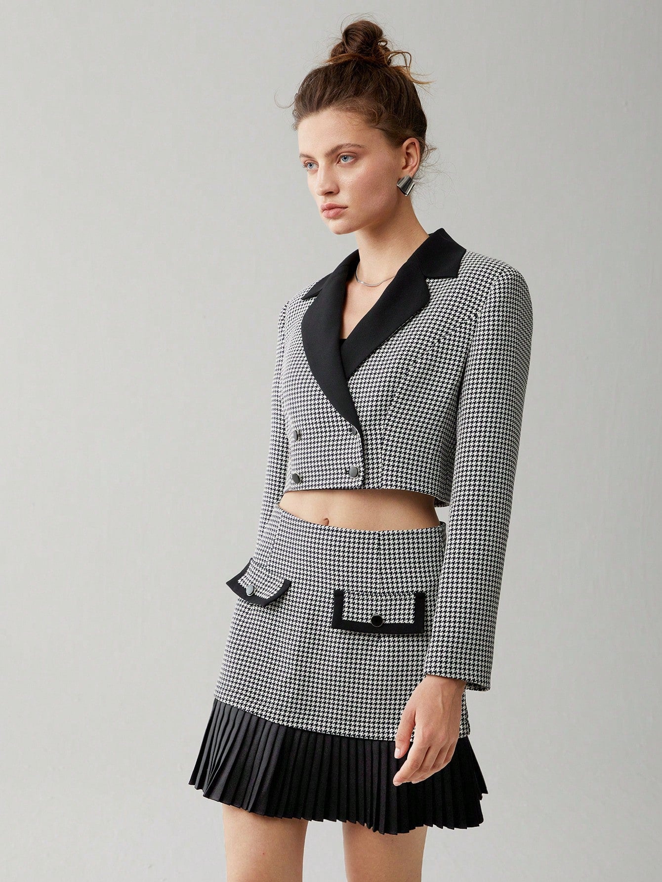 Houndstooth Double Breasted Crop Blazer & Pleated Hem Skirt