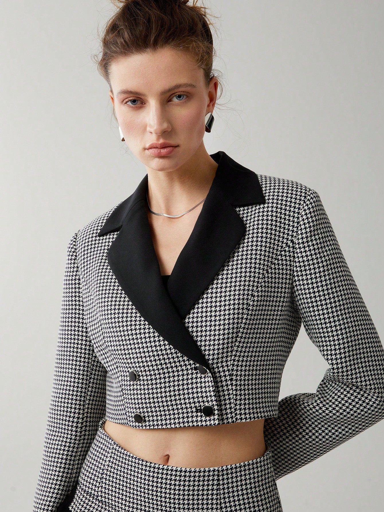 Houndstooth Double Breasted Crop Blazer & Pleated Hem Skirt