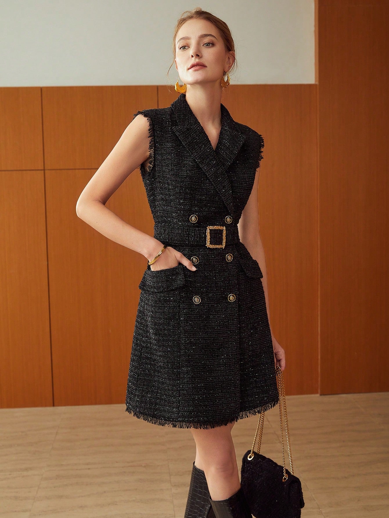 PREMIUM BELTED SLEEVELESS TWEED BLAZER DRESS