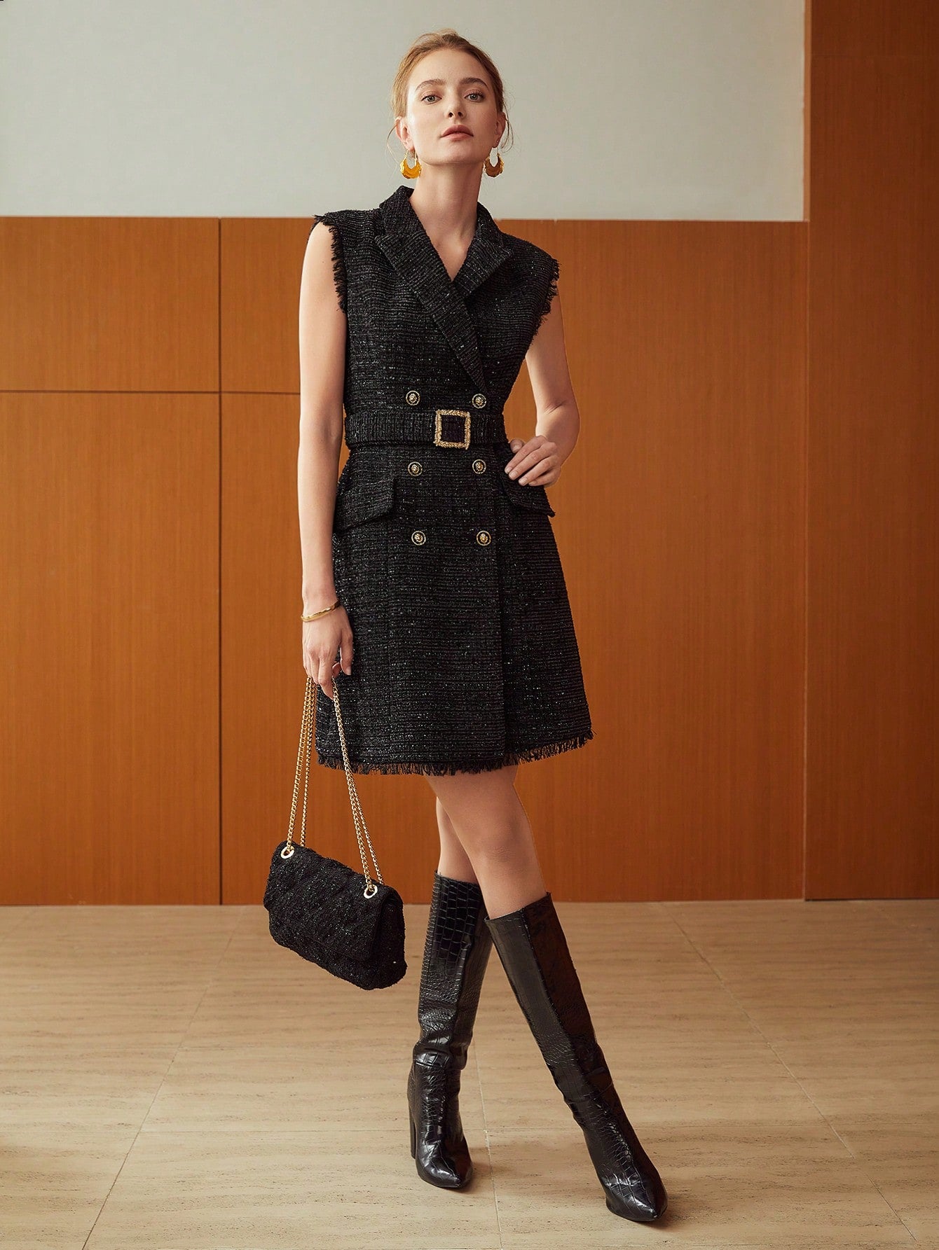 PREMIUM BELTED SLEEVELESS TWEED BLAZER DRESS