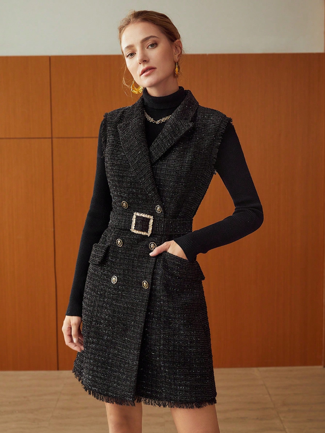 PREMIUM BELTED SLEEVELESS TWEED BLAZER DRESS